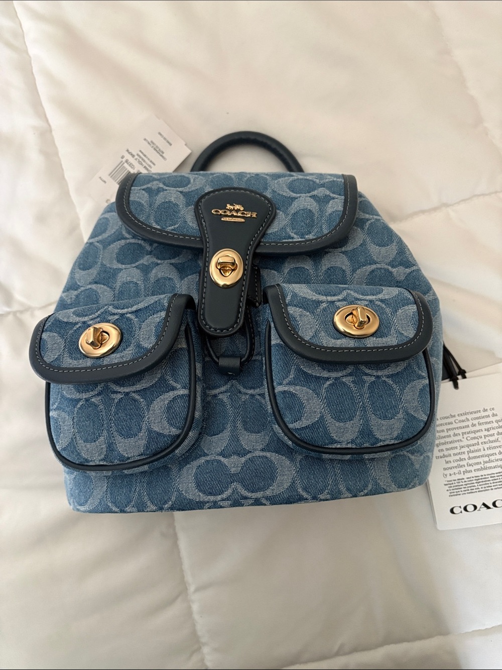 Coach Denim Logo Backpack in Light Blue with Gold Hardware